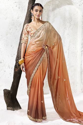 peach orange faux tissue embroidered saree with floral blouse