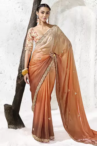 peach orange faux tissue embroidered saree with floral blouse