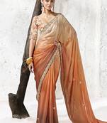 peach orange faux tissue embroidered saree with floral blouse