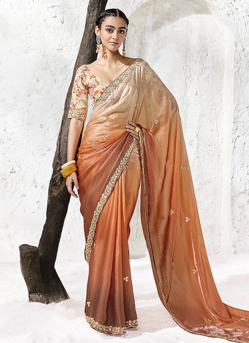 peach orange faux tissue embroidered saree with floral blouse