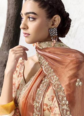 peach orange faux tissue embroidered saree with floral blouse 2