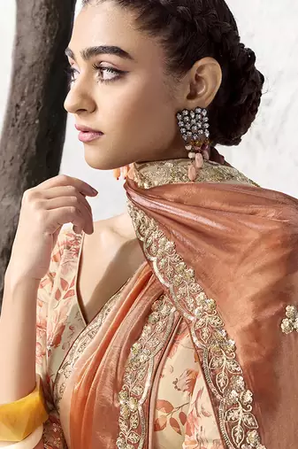 peach orange faux tissue embroidered saree with floral blouse