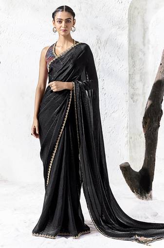black velvet embroidered saree embellished blouse