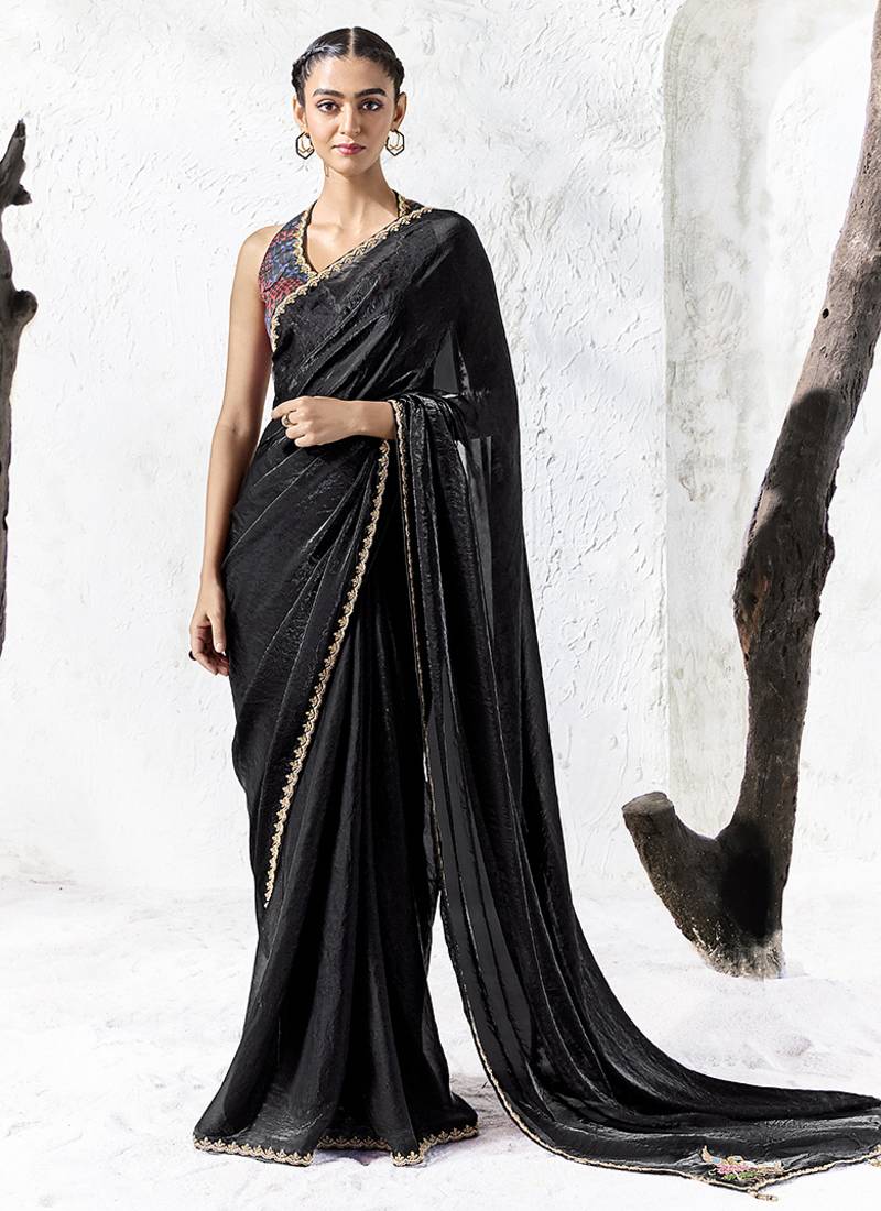 black velvet embroidered saree embellished blouse