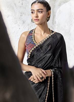 black velvet embroidered saree embellished blouse 2