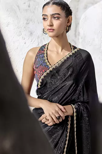 black velvet embroidered saree embellished blouse
