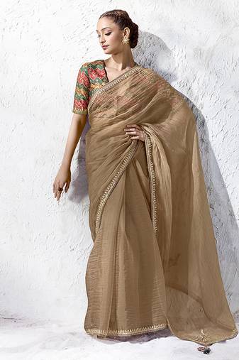 beige faux organza saree with printed blouse