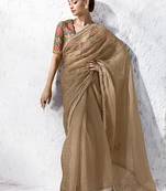 beige faux organza saree with printed blouse