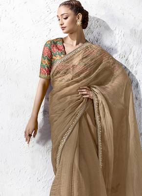 beige faux organza saree with printed blouse 2