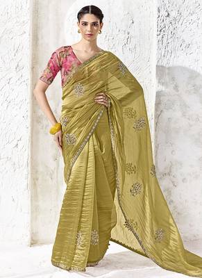 Olive green silk blend embroidered saree 1