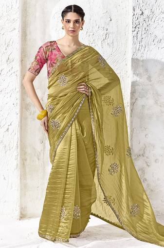 Olive green silk blend embroidered saree