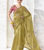 Olive green silk blend embroidered saree