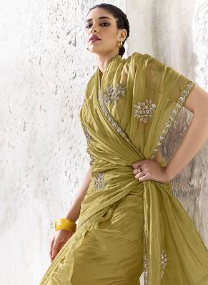 Olive green silk blend embroidered saree 2