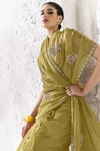Olive green silk blend embroidered saree
