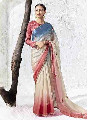 cream & pink faux organza saree with embellished border 1
