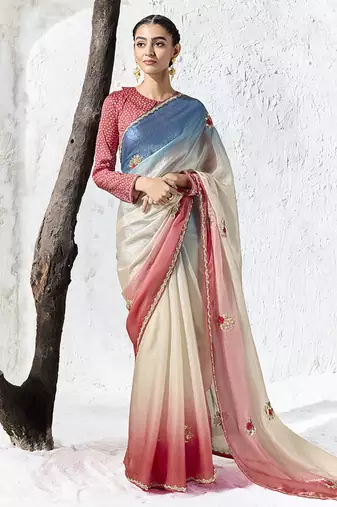cream & pink faux organza saree with embellished border