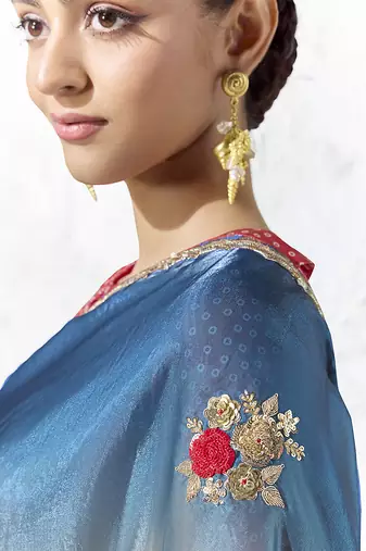 cream & pink faux organza saree with embellished border