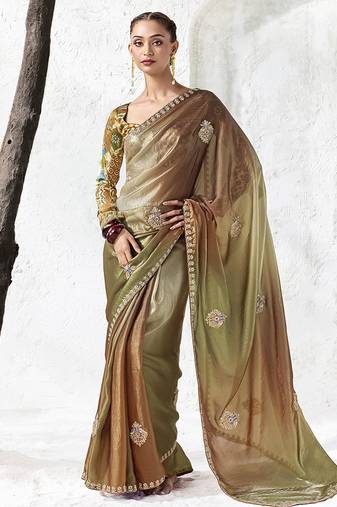 olive green & brown faux organza saree with embellished motifs & printed blouse
