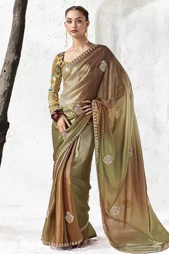olive green & brown faux organza saree with embellished motifs & printed blouse