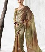 olive green & brown faux organza saree with embellished motifs & printed blouse