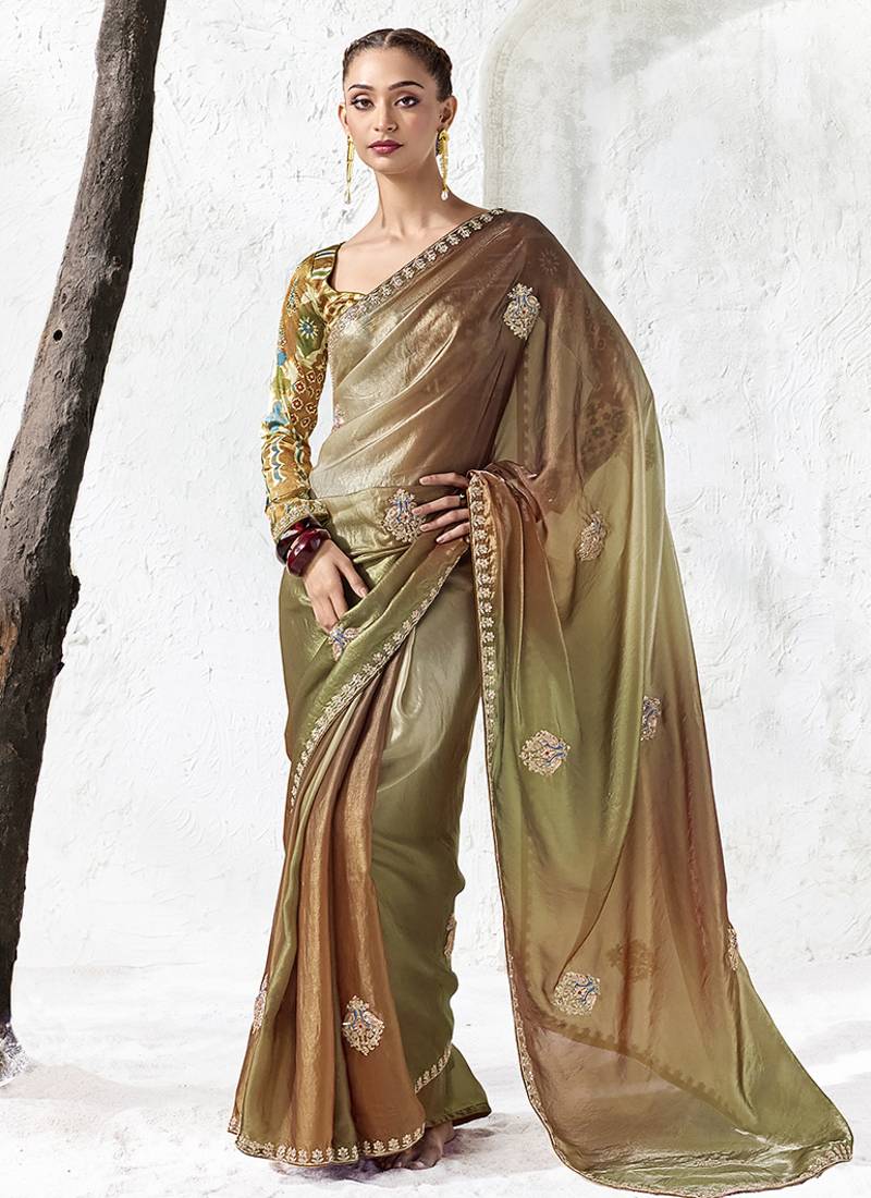 olive green & brown faux organza saree with embellished motifs & printed blouse
