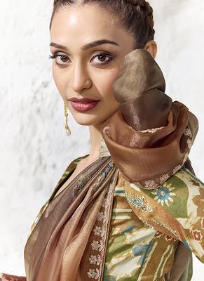 olive green & brown faux organza saree with embellished motifs & printed blouse 2