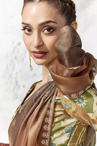 olive green & brown faux organza saree with embellished motifs & printed blouse