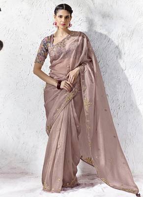 Onion pink embroidered silk blend saree with blouse 1