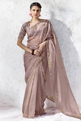 Onion pink embroidered silk blend saree with blouse