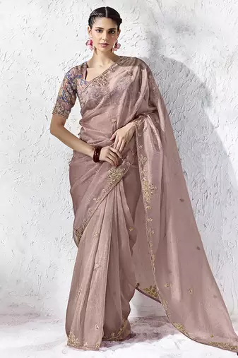 Onion pink embroidered silk blend saree with blouse