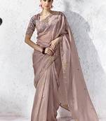 Onion pink embroidered silk blend saree with blouse