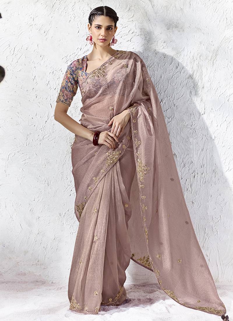 Onion pink embroidered silk blend saree with blouse