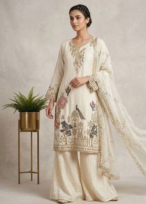 off white color sequence embroidery work silk blend salwar suit 1