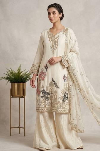 off white color sequence embroidery work silk blend salwar suit