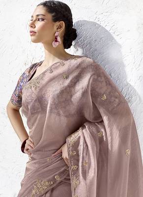 Onion pink embroidered silk blend saree with blouse 2