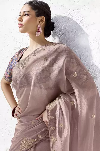 Onion pink embroidered silk blend saree with blouse