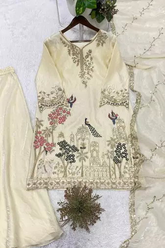 off white color sequence embroidery work silk blend salwar suit