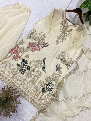off white color sequence embroidery work silk blend salwar suit 4