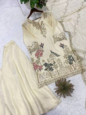 off white color sequence embroidery work silk blend salwar suit 5