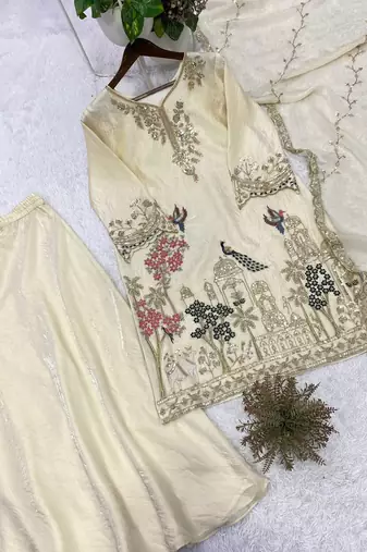 off white color sequence embroidery work silk blend salwar suit
