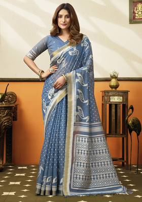 Blue cotton blend printed saree with contrast border 1