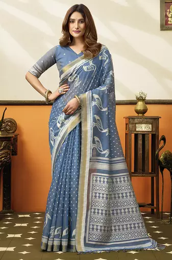 Blue cotton blend printed saree with contrast border