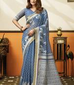 Blue cotton blend printed saree with contrast border