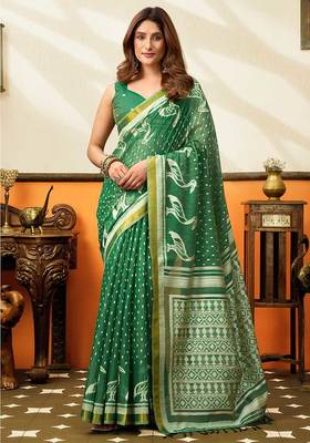 Green cotton blend printed saree with contrast border 1