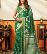 Green cotton blend printed saree with contrast border
