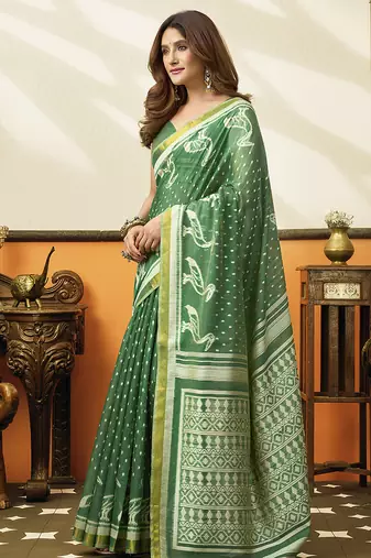 Green cotton blend printed saree with contrast border