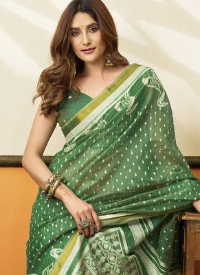 Green cotton blend printed saree with contrast border 3