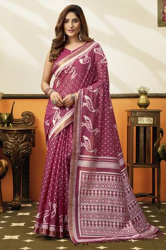Onion pink cotton blend printed saree with contrast border