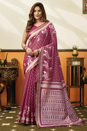 Onion pink cotton blend printed saree with contrast border