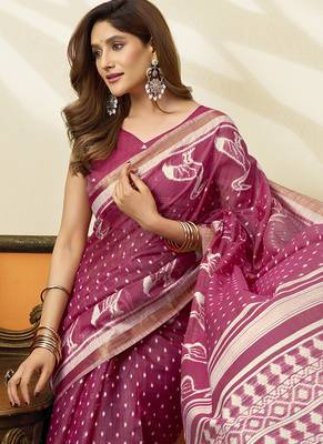 Onion pink cotton blend printed saree with contrast border 2